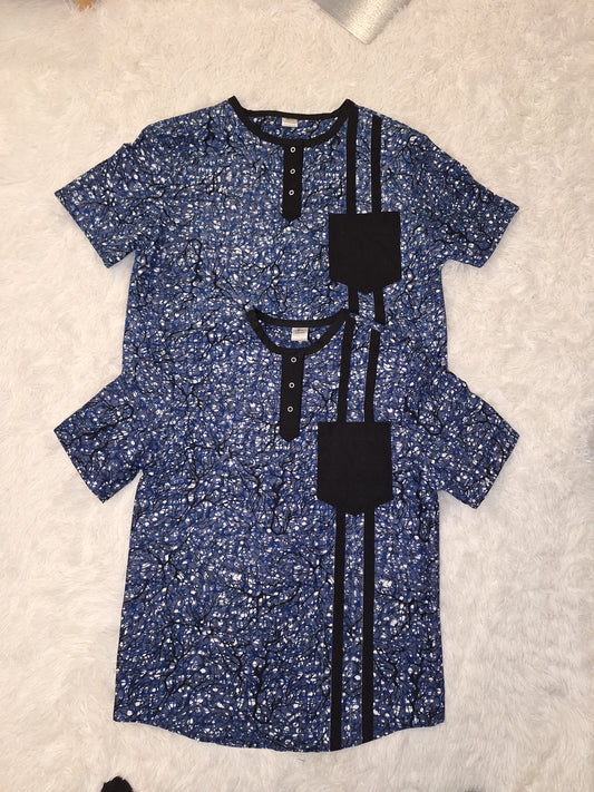 Men's Short-Sleeve Ankara Shirt -Blue & Black Print