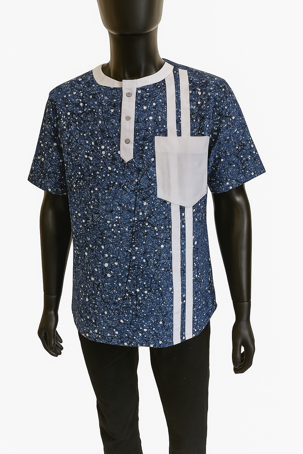 Men's Short-Sleeve Ankara Shirt -Blue & Black Print